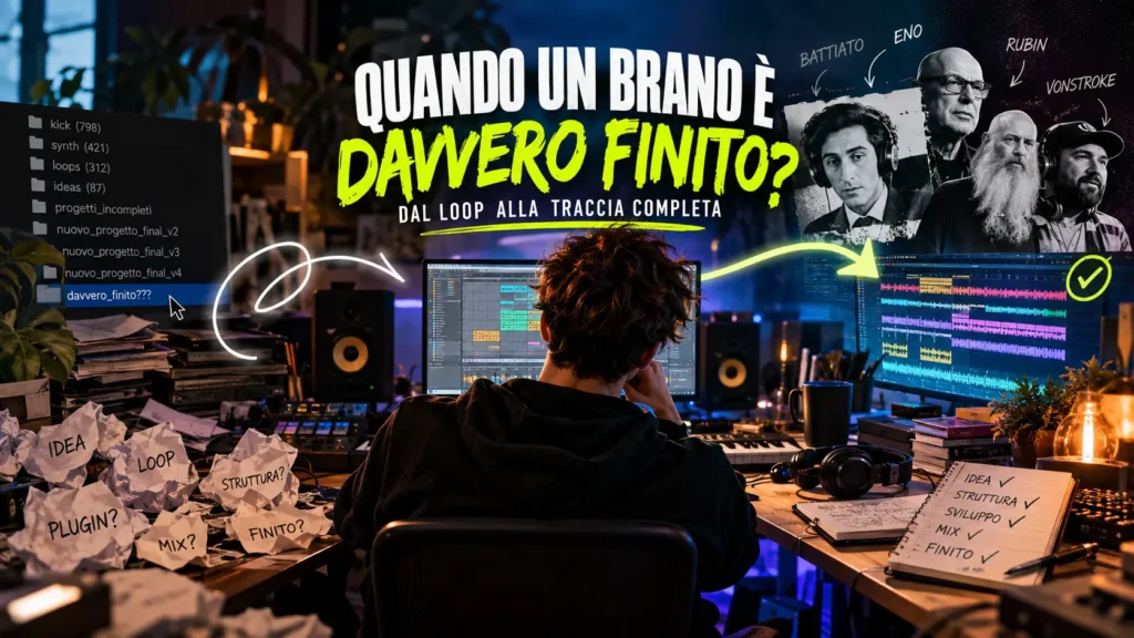 Music producer al lavoro in studio, dal loop alla traccia completa