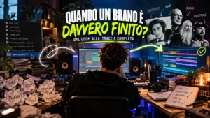 Music producer al lavoro in studio, dal loop alla traccia completa