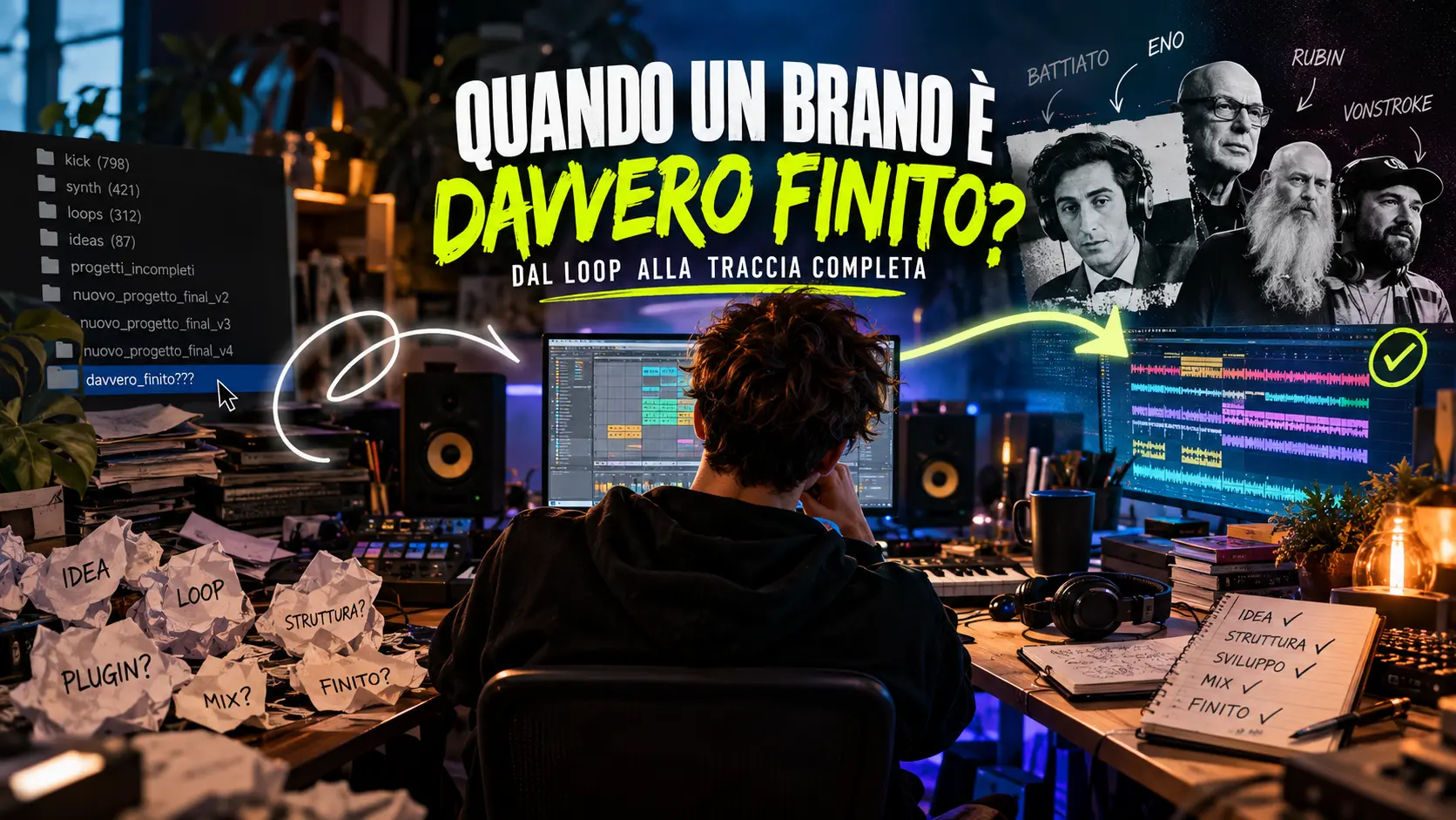 Music producer al lavoro in studio, dal loop alla traccia completa